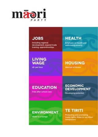 JOBS 
Including regional 
development, expand trade 
training, apprenticeships 
LIVING 
WAGE 
Health 
Emphasis on health and 
addressing poverty 
HOUSING 
18+ per hour Warrant of fitness 
EDUCATION ECONOMIC 
DEVELOPMENT 
Free after school care 
Developing potential 
ENVIRONMENT Te TIRITI 
Water is a taonga 
Protecting and promoting 
treaty rights. Make te reo Māori 
compulsory 
 