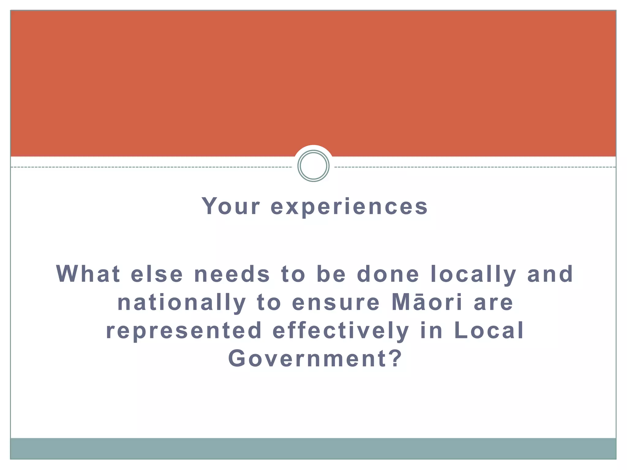 5 will consider option before 2016 elections Councils consider Māori representation Controversial issue, played out at council and community meetings and in the media