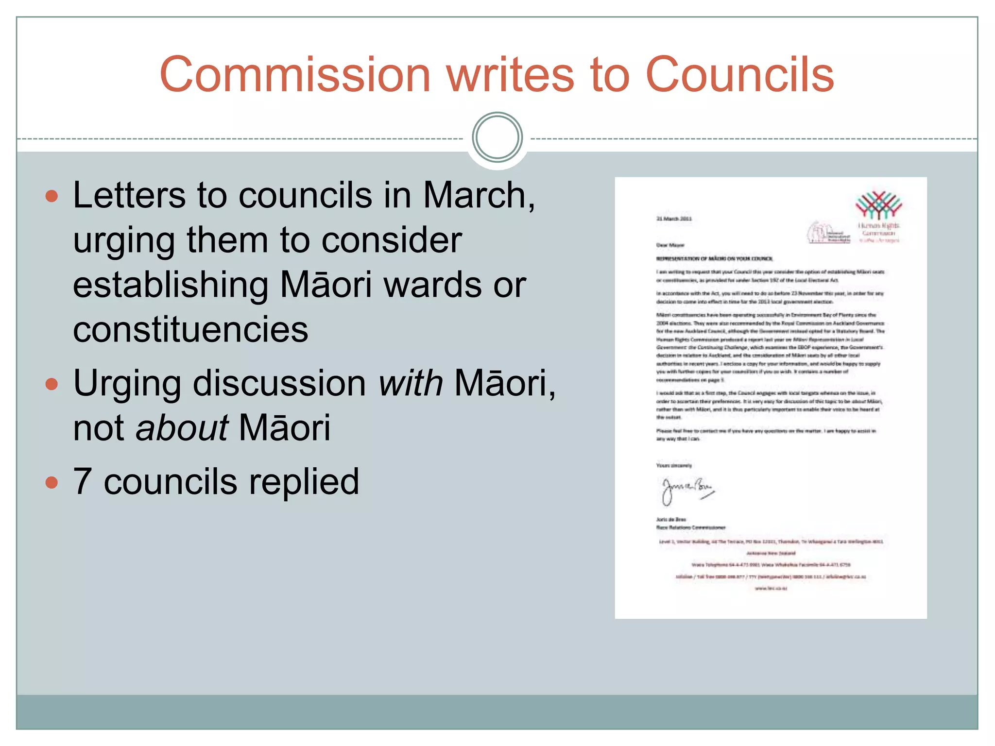 Coverage of recent council activity and controversy Human Rights Commission research Local Electoral Amendment Act 2002 provisions Environment Bay of Plenty Regional Council exampleRecommends councils consult with Māori as to their preferred option and support the option Māori prefer