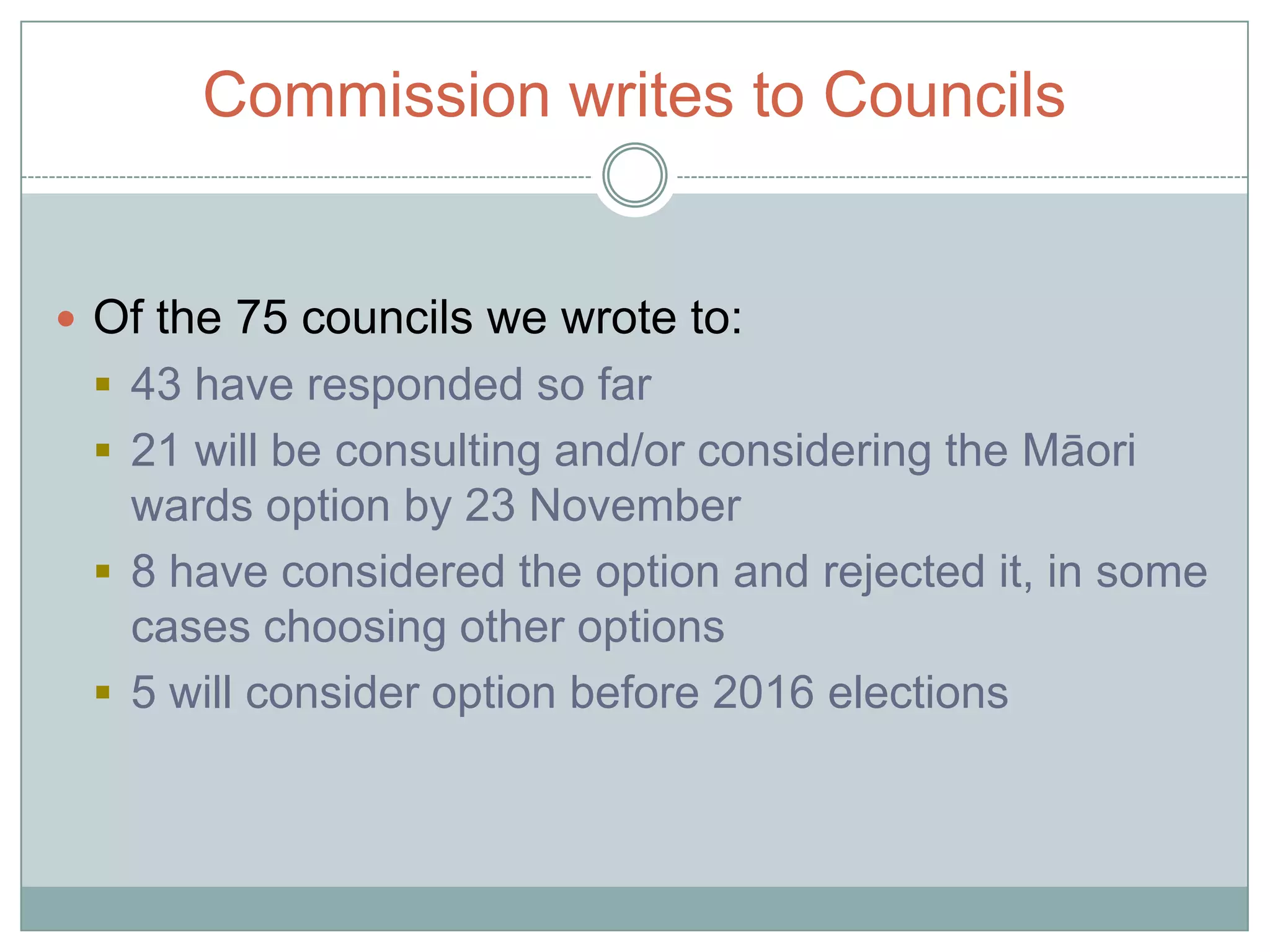 Commission writes to Councils The Commission wrote to councils again in July, requesting information: 