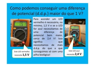 Como podemos conseguir uma diferença
de potencial (d.d.p.) maior do que 1 V?
Para acender um LED
vermelho é necessário, no
mínimo, 1,5 V e se o LED
for azul necessitamos de
uma diferença de
potencial bem maior,
cerca de 2,4 V! Isso
significa que
necessitamos de mais
d.d.p. do que a que
conseguimos só com uma
pilha biológica!
Este LED vermelho
necessita 1,5 V
Este LED azul
necessita 2,4 V
 