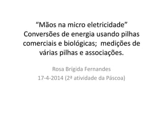 Rosa Brígida Fernandes
17-4-2014 (2ª atividade da Páscoa)
“Mãos na micro eletricidade”
Conversões de energia usando pilhas
comerciais e biológicas; medições de
várias pilhas e associações.
 