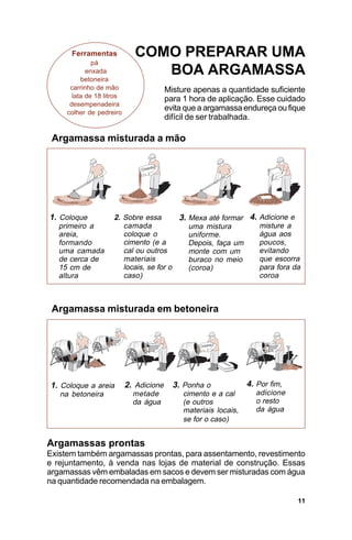 Ferramentas            COMO PREPARAR UMA
              pá
            enxada
          betoneira
                                BOA ARGAMASSA
      carrinho de mão                    Misture apenas a quantidade suficiente
       lata de 18 litros                 para 1 hora de aplicação. Esse cuidado
      desempenadeira
     colher de pedreiro
                                         evita que a argamassa endureça ou fique
                                         difícil de ser trabalhada.

 Argamassa misturada a mão




1. Coloque           2. Sobre essa       3. Mexa até formar 4. Adicione e
  primeiro a            camada              uma mistura        misture a
  areia,                coloque o           uniforme.          água aos
  formando              cimento (e a        Depois, faça um    poucos,
  uma camada            cal ou outros       monte com um       evitando
  de cerca de           materiais           buraco no meio     que escorra
  15 cm de              locais, se for o    (coroa)            para fora da
  altura                caso)                                  coroa



 Argamassa misturada em betoneira




1. Coloque a areia         2. Adicione     3. Ponha o             4. Por fim,
   na betoneira              metade           cimento e a cal       adicione
                             da água          (e outros             o resto
                                              materiais locais,     da água
                                              se for o caso)


Argamassas prontas
Existem também argamassas prontas, para assentamento, revestimento
e rejuntamento, à venda nas lojas de material de construção. Essas
argamassas vêm embaladas em sacos e devem ser misturadas com água
na quantidade recomendada na embalagem.

                                                                                11
 