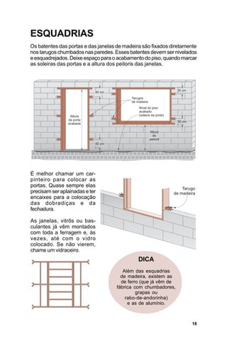 ESQUADRIAS
Os batentes das portas e das janelas de madeira são fixados diretamente
nos tarugos chumbados nas paredes. Esses batentes devem ser nivelados
e esquadrejados. Deixe espaço para o acabamento do piso, quando marcar
as soleiras das portas e a altura dos peitoris das janelas.




É melhor chamar um car-
pinteiro para colocar as
portas. Quase sempre elas
precisam ser aplainadas e ter
encaixes para a colocação
das dobradiças e da
fechadura.

As janelas, vitrôs ou bas-
culantes já vêm montados
com toda a ferragem e, às
vezes, até com o vidro
colocado. Se não vierem,
chame um vidraceiro.
                                              DICA
                                       Além das esquadrias
                                      de madeira, existem as
                                      de ferro (que já vêm de
                                    fábrica com chumbadores,
                                             grapas ou
                                        rabo-de-andorinha)
                                         e as de alumínio.



                                                                    18
 