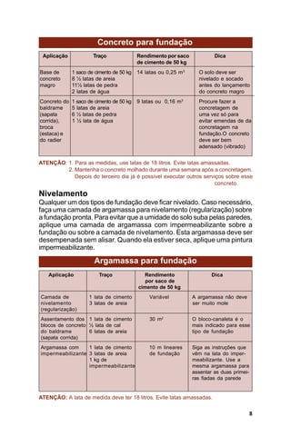 Concreto para fundação
 Aplicação             Traço               Rendimento por saco             Dica
                                           de cimento de 50 kg
Base de       1 saco de cimento de 50 kg   14 latas ou 0,25 m 3     O solo deve ser
concreto      8 ½ latas de areia                                    nivelado e socado
magro         11½ latas de pedra                                    antes do lançamento
              2 latas de água                                       do concreto magro
Concreto do   1 saco de cimento de 50 kg   9 latas ou 0,16 m3       Procure fazer a
baldrame      5 latas de areia                                      concretagem de
(sapata       6 ½ latas de pedra                                    uma vez só para
corrida),     1 ½ lata de água                                      evitar emendas de da
broca                                                               concretagem na
(estaca) e                                                          fundação.O concreto
do radier                                                           deve ser bem
                                                                    adensado (vibrado)


ATENÇÃO: 1. Para as medidas, use latas de 18 litros. Evite latas amassadas.
         2. Mantenha o concreto molhado durante uma semana após a concretagem.
            Depois do terceiro dia já é possível executar outros serviços sobre esse
                                                                     concreto.

Nivelamento
Qualquer um dos tipos de fundação deve ficar nivelado. Caso necessário,
faça uma camada de argamassa para nivelamento (regularização) sobre
a fundação pronta. Para evitar que a umidade do solo suba pelas paredes,
aplique uma camada de argamassa com impermeabilizante sobre a
fundação ou sobre a camada de nivelamento. Esta argamassa deve ser
desempenada sem alisar. Quando ela estiver seca, aplique uma pintura
impermeabilizante.

                       Argamassa para fundação
   Aplicação             Traço               Rendimento                   Dica
                                              por saco de
                                           cimento de 50 kg
Camada de            1 lata de cimento          Variável          A argamassa não deve
nivelamento          3 latas de areia                             ser muito mole
(regularização)
Assentamento dos 1 lata de cimento              30 m2             O bloco-canaleta é o
blocos de concreto ½ lata de cal                                  mais indicado para esse
do baldrame        6 latas de areia                               tipo de fundação
(sapata corrida)
Argamassa com     1 lata de cimento             10 m lineares     Siga as instruções que
impermeabilizante 3 latas de areia              de fundação       vêm na lata do imper-
                  1 kg de                                         meabilizante. Use a
                  impermeabilizante                               mesma argamassa para
                                                                  assentar as duas primei-
                                                                  ras fiadas da parede


ATENÇÃO: A lata de medida deve ter 18 litros. Evite latas amassadas.

                                                                                             8
 