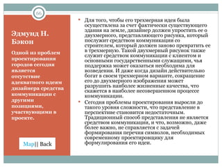 Эдмунд Н. Бэкон Одной из проблем проектирования городов сегодня является отсутствие адекватного идеям дизайнера средства коммуникации с другими позициями, участвующими в проекте. Для того, чтобы его трехмерная идея была осуществлена за счет фактически существующего здания на земле, дизайнер должен упростить ее о двухмерного, представляющего рисунка, который послужит средством коммуникации со строителем, который должен заново превратить ее в трехмерную. Такой двухмерный рисунок также служит средством коммуникации с клиентом и основными государственными служащими, чья поддержка может оказаться необходима для возведения. И даже когда дизайн действительно богат в своем трехмерном варианте, сокращение его до двухмерного изображения может разрушить наиболее жизненные качества, что скажется в наиболее несовершенном процессе коммуникации.  Сегодня проблемы проектирования выросли до такого уровня сложности, что представление в перспективе становится недостаточным. Традиционный способ представления не является средством коммуникации, и что, возможно, даже более важно, не справляется с задачей формирования перечня символов, необходимых современному проектировщику для формулирования его идеи. 