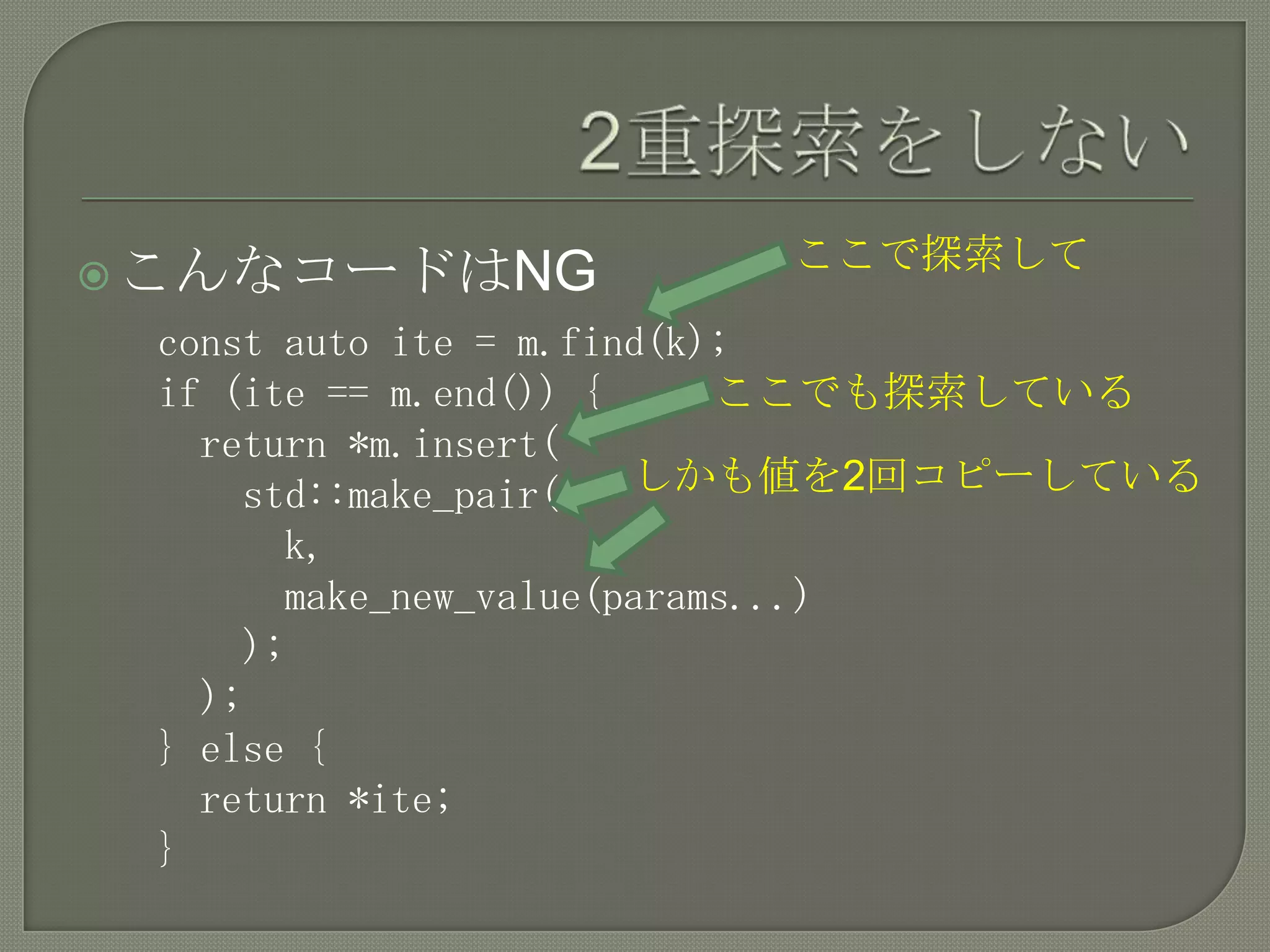 ここで探索して
 こんなコードはNG
 const auto ite = m.find(k);
 if (ite == m.end()) {     ここでも探索している
   return *m.insert(
     std::make_pair(   しかも値を2回コピーしている
       k,
       make_new_value(params...)
     );
   );
 } else {
   return *ite;
 }
 