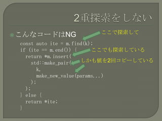 ここで探索して
 こんなコードはNG
 const auto ite = m.find(k);
 if (ite == m.end()) {     ここでも探索している
   return *m.insert(
     std::make_pair(   しかも値を2回コピーしている
       k,
       make_new_value(params...)
     );
   );
 } else {
   return *ite;
 }
 
