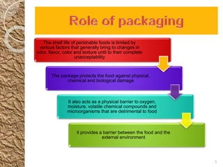 The shelf life of perishable foods is limited by 
various factors that generally bring to changes in 
odor, flavor, color and texture until to their complete 
unacceptability 
The package protects the food against physical, 
chemical and biological damage 
It also acts as a physical barrier to oxygen, 
moisture, volatile chemical compounds and 
microorganisms that are detrimental to food 
it provides a barrier between the food and the 
external environment 
3 
 