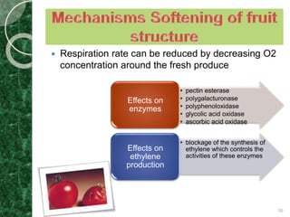  Respiration rate can be reduced by decreasing O2 
concentration around the fresh produce 
• pectin esterase 
• polygalacturonase 
• polyphenoloxidase 
• glycolic acid oxidase 
• ascorbic acid oxidase 
Effects on 
enzymes 
• blockage of the synthesis of 
ethylene which controls the 
activities of these enzymes 
Effects on 
ethylene 
production 
36 
 