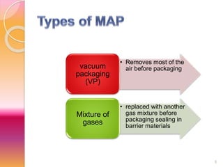 • Removes most of the 
vacuum air before packaging 
packaging 
(VP) 
• replaced with another 
gas mixture before 
packaging sealing in 
barrier materials 
Mixture of 
gases 
5 
 