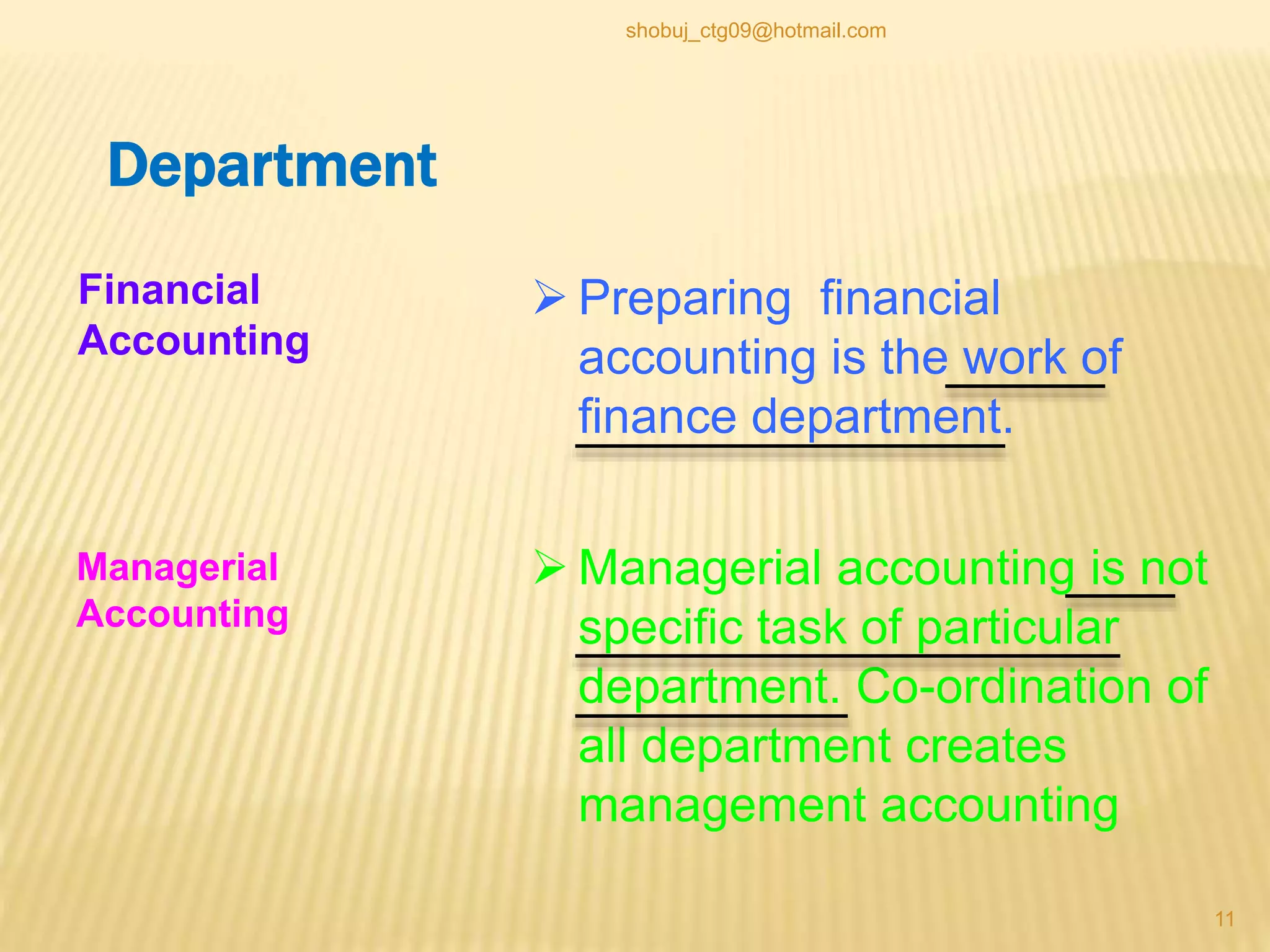 Department
Financial
Accounting
Managerial
Accounting
 Preparing financial
accounting is the work of
finance department.
 Managerial accounting is not
specific task of particular
department. Co-ordination of
all department creates
management accounting
11
shobuj_ctg09@hotmail.com
 