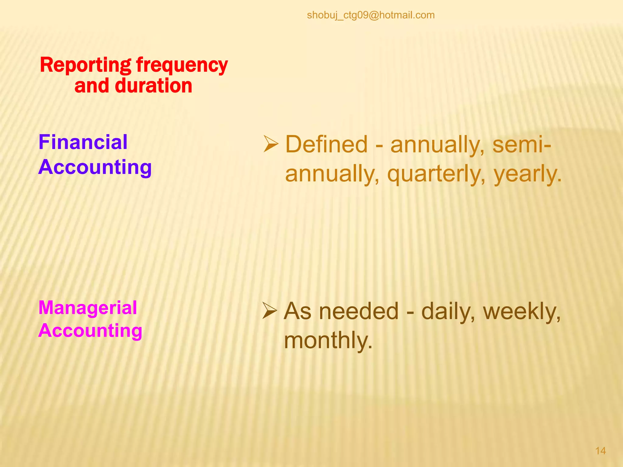Financial
Accounting
Managerial
Accounting
Reporting frequency
and duration
 As needed - daily, weekly,
monthly.
 Defined - annually, semi-
annually, quarterly, yearly.
14
shobuj_ctg09@hotmail.com
 