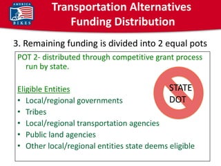 Transportation Alternatives
               Funding Distribution
3. Remaining funding is divided into 2 equal pots
 POT 2- distributed through competitive grant process
   run by state.

 Eligible Entities                           STATE
 • Local/regional governments                DOT
 • Tribes
 • Local/regional transportation agencies
 • Public land agencies
 • Other local/regional entities state deems eligible
 