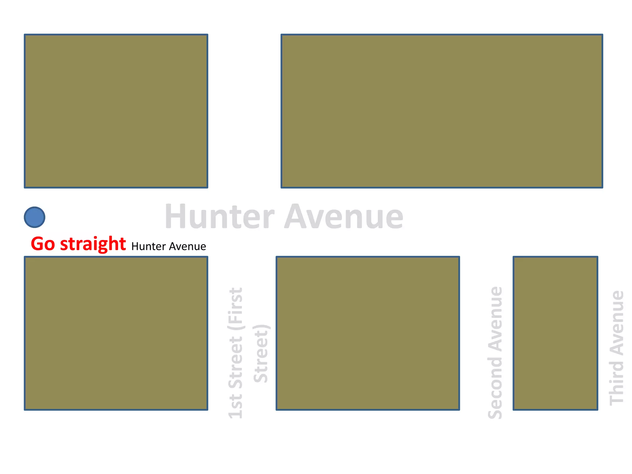 Hunter AvenueGo straight Hunter Avenue1st Street (FirstStreet)ThirdAvenueSecondAvenue