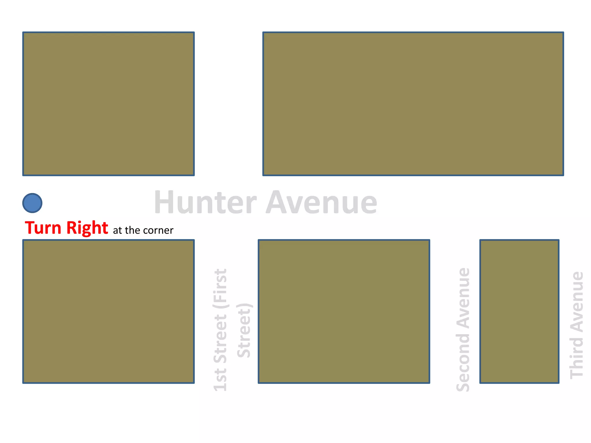 Hunter AvenueTurn Right at the corner1st Street (FirstStreet)ThirdAvenueSecondAvenue