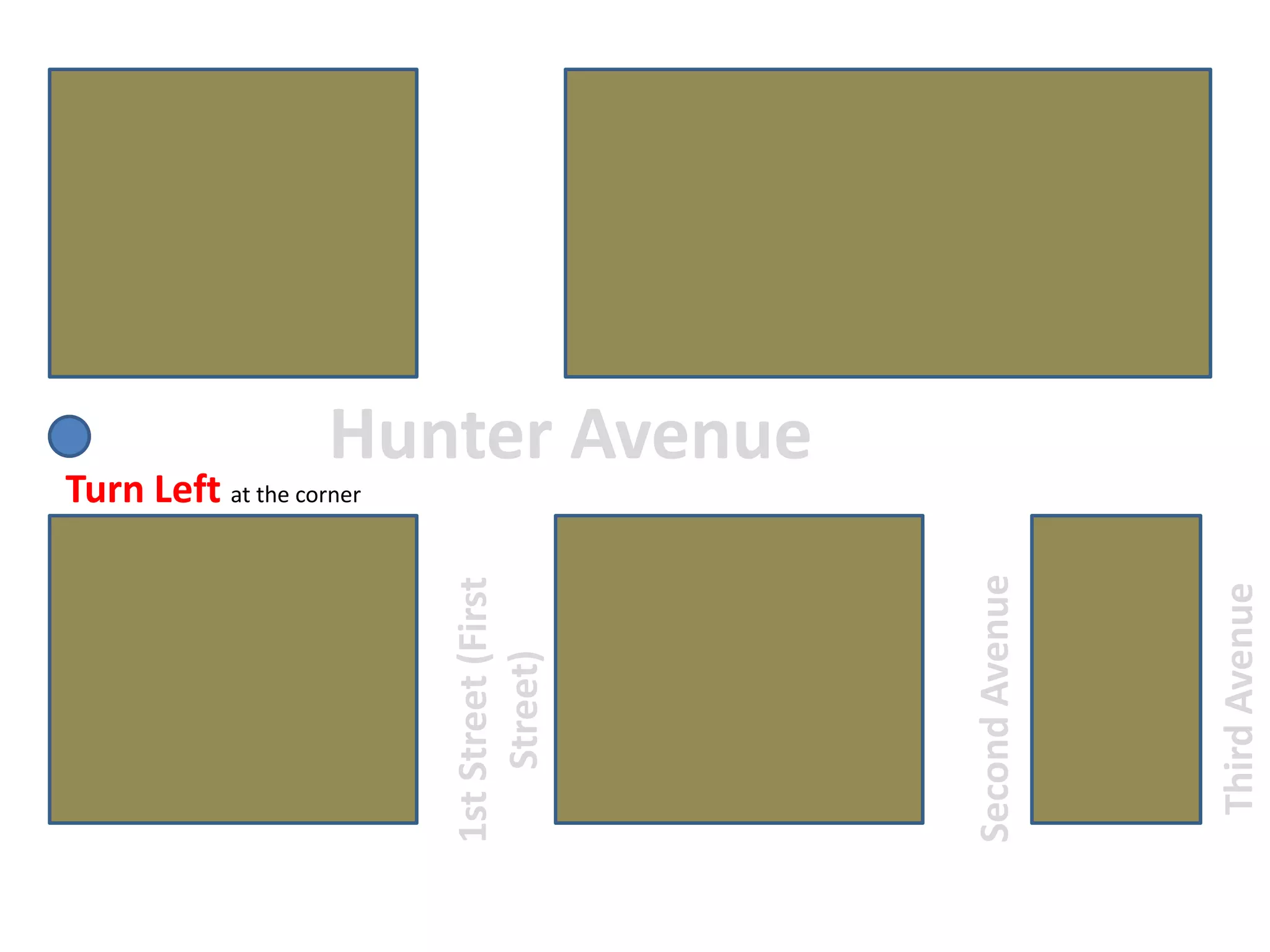 Hunter AvenueTurn Left at the corner1st Street (FirstStreet)ThirdAvenueSecondAvenue