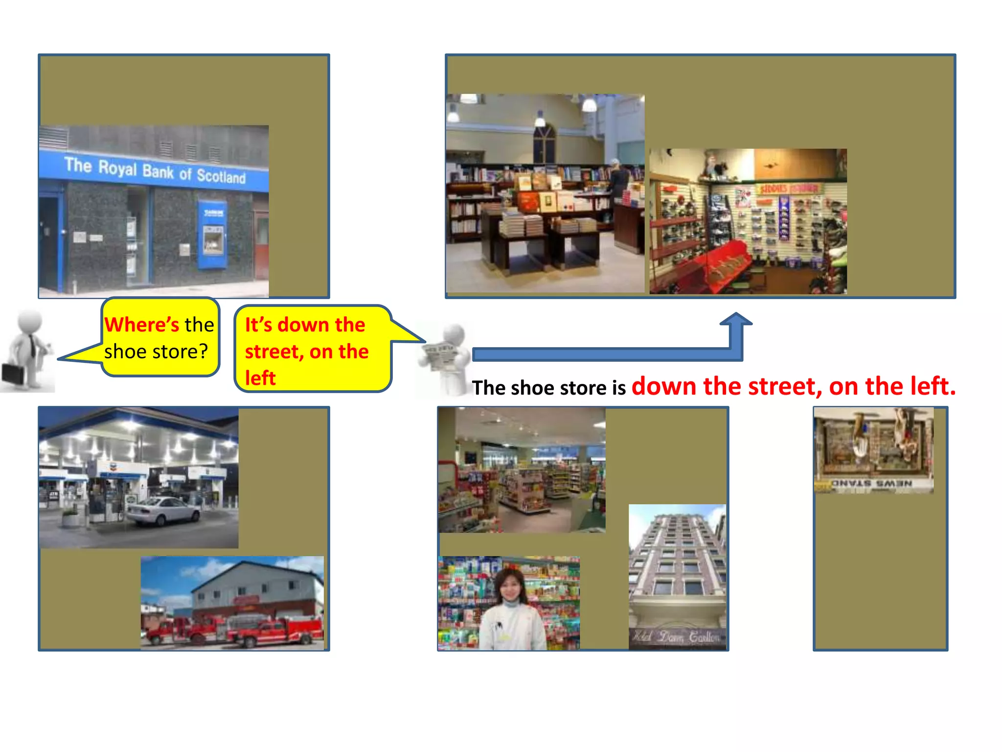 Where’stheshoestore?It’sdownthestreet, ontheleftTheshoestoreisdownthestreet, ontheleft.