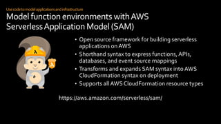 Usecodetomodelapplicationsandinfrastructure
Model function environments withAWS
ServerlessApplication Model (SAM)
• Open source framework for building serverless
applications on AWS
• Shorthand syntax to express functions, APIs,
databases, and event source mappings
• Transforms and expands SAM syntax into AWS
CloudFormation syntax on deployment
• Supports all AWS CloudFormation resource types
https://aws.amazon.com/serverless/sam/
 