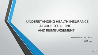 UNDERSTANDING HEALTH INSURANCE
A GUIDETO BILLING
AND REIMBURSEMENT
MIRACOSTA COLLEGE
MAP 105
 