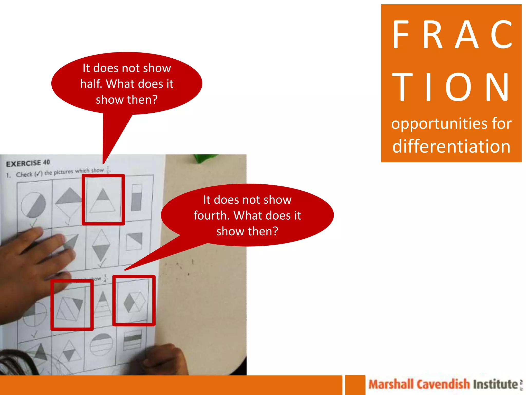 FRAC
It does not show
half. What does it
   show then?                               TION
                                            opportunities for
                                            differentiation

                       It does not show
                     fourth. What does it
                          show then?
 
