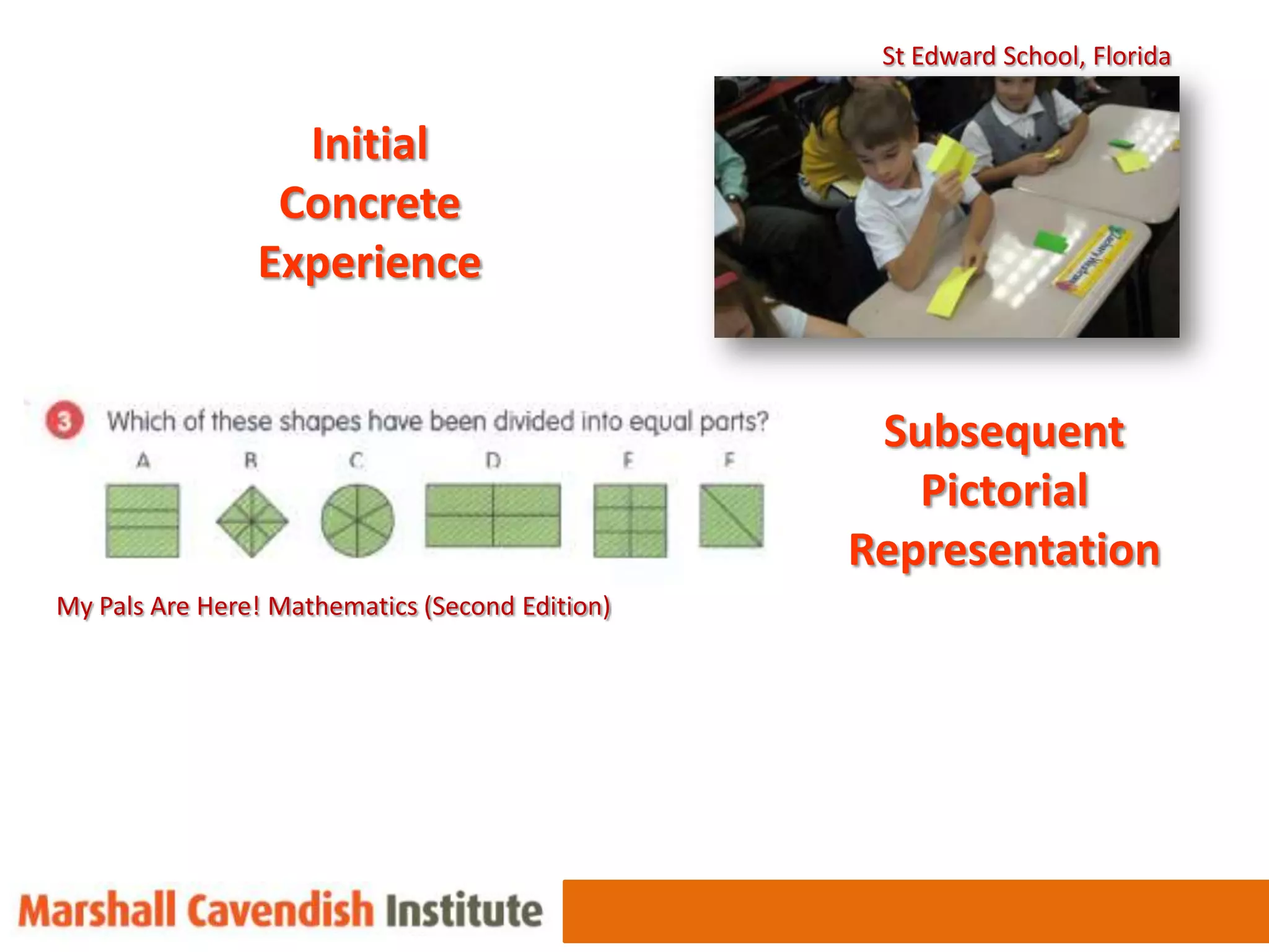 St Edward School, Florida


                  Initial
                 Concrete
                Experience


                                                  Subsequent
                                                    Pictorial
                                                 Representation
My Pals Are Here! Mathematics (Second Edition)
 