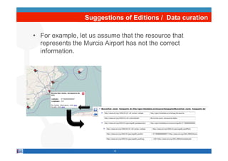 Suggestions of Editions / Data curation

•  For example, let us assume that the resource that
   represents the Murcia Airport has not the correct
   information.




                           15
 