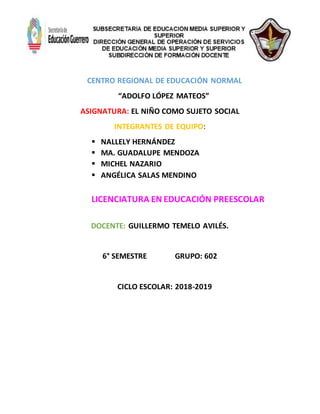 CENTRO REGIONAL DE EDUCACIÓN NORMAL
“ADOLFO LÓPEZ MATEOS”
ASIGNATURA: EL NIÑO COMO SUJETO SOCIAL
INTEGRANTES DE EQUIPO:
 NALLELY HERNÁNDEZ
 MA. GUADALUPE MENDOZA
 MICHEL NAZARIO
 ANGÉLICA SALAS MENDINO
LICENCIATURA EN EDUCACIÓN PREESCOLAR
DOCENTE: GUILLERMO TEMELO AVILÉS.
6° SEMESTRE GRUPO: 602
CICLO ESCOLAR: 2018-2019
 