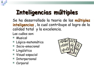 Inteligencias múltiplesInteligencias múltiples
Las cuáles son:
 Musical
 Lógica-matemática
 Socio-emocional
 Lingüísti...