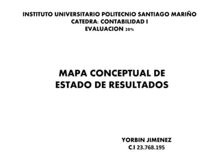 MAPA CONCEPTUAL DE
ESTADO DE RESULTADOS
YORBIN JIMENEZ
C.I 23.768.195
INSTITUTO UNIVERSITARIO POLITECNIO SANTIAGO MARIÑO
CATEDRA: CONTABILIDAD I
EVALUACION 20%
 