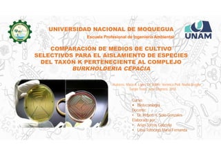 UNIVERSIDAD NACIONAL DE MOQUEGUA
Escuela Profesional de Ingeniería Ambiental
COMPARACIÓN DE MEDIOS DE CULTIVO
SELECTIVOS PARA EL AISLAMIENTO DE ESPECIES
DEL TAXÓN K PERTENECIENTE AL COMPLEJO
BURKHOLDERIA CEPACIA
Autores: María A. López De Volder; Verónica Pioli; Noelia Breglia;
Sergio Teves; José Degrossi, 2018.
Curso:
 Biotecnología
Docente:
• Dr. Hebert H. Soto Gonzales
Elaborado por:
• Arias Torres Gabriela
• Lima Totocayo María Fernanda
 