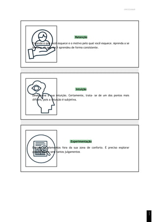 UNICESUMAR
1
1
Retenção
Entenda o que você esquece e o motivo pelo qual você esquece. Aprenda a se
lembrar do que você aprendeu de forma consistente.
Intuição
Desenvolva a sua intuição. Certamente, trata- se de um dos pontos mais
difíceis, pois a intuição é subjetiva.
Experimentação
Explore os elementos fora da sua zona de conforto. É preciso explorar
possibilidades sem tantos julgamentos
 