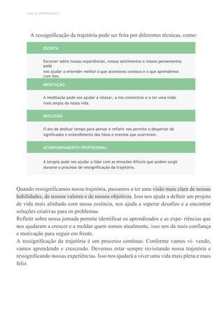 TEMA DE APRENDIZAGEM 2
A ressignificação da trajetória pode ser feita por diferentes técnicas, como:
ESCRITA
Escrever sobre nossas experiências, nossos sentimentos e nossos pensamentos
pode
nos ajudar a entender melhor o que aconteceu conosco e o que aprendemos
com isso.
MEDITAÇÃO
A meditação pode nos ajudar a relaxar, a nos concentrar e a ter uma visão
mais ampla da nossa vida.
REFLEXÃO
O ato de dedicar tempo para pensar e refletir nos permite o despertar de
significados e entendimento dos fatos e eventos que ocorreram.
ACOMPANHAMENTO PROFISSIONAL
A terapia pode nos ajudar a lidar com as emoções difíceis que podem surgir
durante o processo de ressignificação da trajetória.
Quando ressignificamos nossa trajetória, passamos a ter uma visão mais clara de nossas
habilidades, de nossos valores e de nossos objetivos. Isso nos ajuda a definir um projeto
de vida mais alinhado com nossa essência, nos ajuda a superar desafios e a encontrar
soluções criativas para os problemas.
Refletir sobre nossa jornada permite identificar os aprendizados e as expe- riências que
nos ajudaram a crescer e a moldar quem somos atualmente, isso nos dá mais confiança
e motivação para seguir em frente.
A ressignificação da trajetória é um processo contínuo. Conforme vamos vi- vendo,
vamos aprendendo e crescendo. Devemos estar sempre revisitando nossa trajetória e
ressignificando nossas experiências. Isso nos ajudará a viver uma vida mais plena e mais
feliz.
 