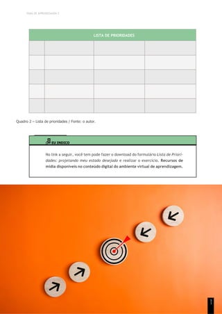TEMA DE APRENDIZAGEM 2
LISTA DE PRIORIDADES
0
6
0
7
0
8
0
9
1
0
Quadro 2 – Lista de prioridades / Fonte: o autor.
EU INDICO
No link a seguir, você tem pode fazer o download do formulário Lista de Priori-
dades: projetando meu estado desejado e realizar o exercício. Recursos de
mídia disponíveis no conteúdo digital do ambiente virtual de aprendizagem.
5
1
 