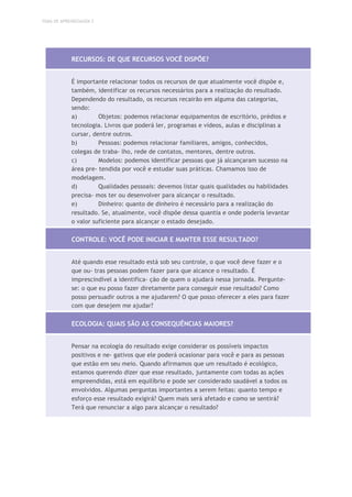TEMA DE APRENDIZAGEM 2
RECURSOS: DE QUE RECURSOS VOCÊ DISPÕE?
É importante relacionar todos os recursos de que atualmente você dispõe e,
também, identificar os recursos necessários para a realização do resultado.
Dependendo do resultado, os recursos recairão em alguma das categorias,
sendo:
a) Objetos: podemos relacionar equipamentos de escritório, prédios e
tecnologia. Livros que poderá ler, programas e vídeos, aulas e disciplinas a
cursar, dentre outros.
b) Pessoas: podemos relacionar familiares, amigos, conhecidos,
colegas de traba- lho, rede de contatos, mentores, dentre outros.
c) Modelos: podemos identificar pessoas que já alcançaram sucesso na
área pre- tendida por você e estudar suas práticas. Chamamos isso de
modelagem.
d) Qualidades pessoais: devemos listar quais qualidades ou habilidades
precisa- mos ter ou desenvolver para alcançar o resultado.
e) Dinheiro: quanto de dinheiro é necessário para a realização do
resultado. Se, atualmente, você dispõe dessa quantia e onde poderia levantar
o valor suficiente para alcançar o estado desejado.
CONTROLE: VOCÊ PODE INICIAR E MANTER ESSE RESULTADO?
Até quando esse resultado está sob seu controle, o que você deve fazer e o
que ou- tras pessoas podem fazer para que alcance o resultado. É
imprescindível a identifica- ção de quem o ajudará nessa jornada. Pergunte-
se: o que eu posso fazer diretamente para conseguir esse resultado? Como
posso persuadir outros a me ajudarem? O que posso oferecer a eles para fazer
com que desejem me ajudar?
ECOLOGIA: QUAIS SÃO AS CONSEQUÊNCIAS MAIORES?
Pensar na ecologia do resultado exige considerar os possíveis impactos
positivos e ne- gativos que ele poderá ocasionar para você e para as pessoas
que estão em seu meio. Quando afirmamos que um resultado é ecológico,
estamos querendo dizer que esse resultado, juntamente com todas as ações
empreendidas, está em equilíbrio e pode ser considerado saudável a todos os
envolvidos. Algumas perguntas importantes a serem feitas: quanto tempo e
esforço esse resultado exigirá? Quem mais será afetado e como se sentirá?
Terá que renunciar a algo para alcançar o resultado?
 