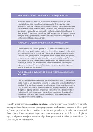 UNICESUMAR
IDENTIDADE: ESSE RESULTADO TEM A VER COM QUEM VOCÊ É?
Ao definir um estado desejado ou resultado, é imprescindível que esse
resultado tenha total conexão com a sua maneira de ser, pensar e agir.
Almejar um estilo de vida muito diferente daquilo com que se identifica pode
ser muito frustrante, portanto defina e trabalhe para concretizar resultados
que possam representar sua identidade, tanto na área profissional quanto na
área pessoal. O mais importante é que você tenha convicção de que o estado
desejado esteja plenamente alinhado com suas crenças e valores pessoais e
tenha um sentido especial para você.
PERSPECTIVA: O QUE ME IMPEDE DE ALCANÇAR O RESULTADO?
Quando o resultado é muito grande, se faz necessário observá-lo sob
diferentes pers- pectivas, com o objetivo de identificar as possíveis barreiras
ou objeções que irão difi- cultar sua realização. Se observarmos o resultado
como um todo, pode parecer muito grande e difícil de ser alcançado, porém,
se observarmos em partes, essa sensação pode ser bem diferente. Por isso, é
necessário relacionar todos os possíveis obstáculos que poderão nos impedir
de alcançar o resultado, e devemos estabelecer resultados menores para
superar as barreiras. Devemos refletir sobre a seguinte questão: o que me
impede de alcançar o resultado?
PLANO DE AÇÃO: O QUE, QUANDO E COMO FAZER PARA ALCANÇAR O
RESULTADO?
Uma vez tendo clareza do resultado que se pretende alcançar, é necessário a
elabo- ração de um cronograma ou plano de ação, como gostamos de chamar.
No plano de ação, devem aparecer as informações (o que, quando e como) de
cada etapa da reali- zação do estado desejado. Você pode pensar os planos
de ação sob a perspectiva de longo prazo e desdobrar em ações de médio e
curto prazo. O mais importante é que se tenha consciência de quais ações
deverão ser realizadas e em que período deverão acontecer para que o
resultado efetivamente aconteça.
Quando imaginamos nosso estado desejado, é sempre importante considerar o tamanho
e complexidade dessa proposta para que possamos analisar, com bastante critério, quais
ações ou recursos serão necessários e em que margem de tempo tudo isso acontecerá.
Essa clareza é extremamente importante para mantermos a condição de ecologia, ou
seja, o objetivo almejado deve ser algo bom para você e todos os envolvidos. Do
contrário, se torna frustração.
 