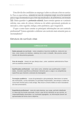 TEMA DE APRENDIZAGEM 7
Uma dúvida dos candidatos ao emprego é saber se colocam a foto no currícu-
lo. Para os especialistas, somente no caso de a empresa exigir, ou se for essencial
para a vaga, recomenda-se que a foto seja atualizada e, de preferência, em formato
3x4. Outra questão é a pretensão salarial, fazer constar apenas se o anúncio
solicitar, mas, antes de colocar, informe-se do salário aproximado praticado no
mercado e, como sugestão, indique, entre parênteses, que é negociável.
O que e como fazer constar as principais informações em um currículo
profissional? Vamos aprender a elaborar um currículo mais atraente para os
recrutadores?
Estrutura do currículo vitae
CURRICULUM VITAE
Dados pessoais no currículo – nome completo e local de residência, meios de con-
tato, como número de telefone, endereço de e-mail e LinkedIn. Não precisa constar
número de documentos pessoais.
Área de atuação – área(s) em que deseja atuar, como: assistente administrativo/finan-
ceiro ou analista comercial etc.
Qualificações profissionais – num texto curto, sintetize suas qualificações e habili-
dades, incluindo experiência profissional relevante para o cargo e as competências
específicas que chamem a atenção do empregador.
Formação acadêmica – cursos de graduação e pós-graduação. Mencionar os nomes
das instituições, cursos realizados e os períodos frequentados. Use sempre a ordem do
curso mais recente para o mais antigo. Não incluir o ensino médio se você é estudante
de nível universitário.
Experiência profissional – nome de cada empresa, seu cargo, período trabalhado
e a descrição da função executada. Incluir o que fez de relevante na sua carreira, as
responsabilidades assumidas e os resultados agregados. As informações devem ser
apresentadas de forma clara e objetiva.
 