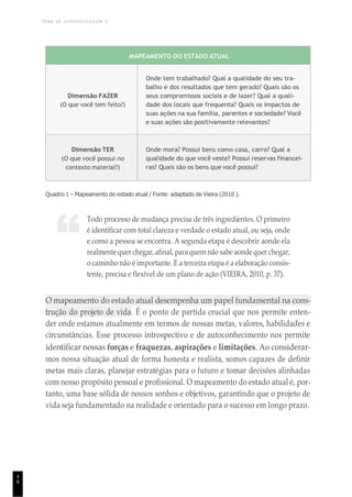 TEMA DE APRENDIZAGEM 2
4
8
“
MAPEAMENTO DO ESTADO ATUAL
Dimensão FAZER
(O que você tem feito?)
Onde tem trabalhado? Qual a qualidade do seu tra-
balho e dos resultados que tem gerado? Quais são os
seus compromissos sociais e de lazer? Qual a quali-
dade dos locais que frequenta? Quais os impactos de
suas ações na sua família, parentes e sociedade? Você
e suas ações são positivamente relevantes?
Dimensão TER
(O que você possui no
contexto material?)
Onde mora? Possui bens como casa, carro? Qual a
qualidade do que você veste? Possui reservas financei-
ras? Quais são os bens que você possui?
Quadro 1 – Mapeamento do estado atual / Fonte: adaptado de Vieira (2010 ).
Todo processo de mudança precisa de três ingredientes. O primeiro
é identificar com total clareza e verdade o estado atual, ou seja, onde
e como a pessoa se encontra. A segunda etapa é descobrir aonde ela
realmente quer chegar, afinal, para quem não sabe aondequer chegar,
o caminho não é importante. E a terceira etapa é a elaboração consis-
tente, precisa e flexível de um plano de ação (VIEIRA, 2010, p. 37).
O mapeamento do estado atual desempenha um papel fundamental na cons-
trução do projeto de vida. É o ponto de partida crucial que nos permite enten-
der onde estamos atualmente em termos de nossas metas, valores, habilidades e
circunstâncias. Esse processo introspectivo e de autoconhecimento nos permite
identificar nossas forças e fraquezas, aspirações e limitações. Ao considerar-
mos nossa situação atual de forma honesta e realista, somos capazes de definir
metas mais claras, planejar estratégias para o futuro e tomar decisões alinhadas
com nosso propósito pessoal e profissional. O mapeamento do estado atual é, por-
tanto, uma base sólida de nossos sonhos e objetivos, garantindo que o projeto de
vida seja fundamentado na realidade e orientado para o sucesso em longo prazo.
 