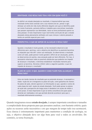 TEMA DE APRENDIZAGEM 2
IDENTIDADE: ESSE RESULTADO TEM A VER COM QUEM VOCÊ É?
Ao definir um estado desejado ou resultado, é imprescindível que esse
resultado tenha total conexão com a sua maneira de ser, pensar e agir.
Almejar um estilo de vida muito diferente daquilo com que se identifica pode
ser muito frustrante, portanto defina e trabalhe para concretizar resultados
que possam representar sua identidade, tanto na área profissional quanto na
área pessoal. O mais importante é que você tenha convicção de que o estado
desejado esteja plenamente alinhado com suas crenças e valores pessoais e
tenha um sentido especial para você.
PERSPECTIVA: O QUE ME IMPEDE DE ALCANÇAR O RESULTADO?
Quando o resultado é muito grande, se faz necessário observá-lo sob
diferentes pers- pectivas, com o objetivo de identificar as possíveis barreiras
ou objeções que irão difi- cultar sua realização. Se observarmos o resultado
como um todo, pode parecer muito grande e difícil de ser alcançado, porém,
se observarmos em partes, essa sensação pode ser bem diferente. Por isso, é
necessário relacionar todos os possíveis obstáculos que poderão nos impedir
de alcançar o resultado, e devemos estabelecer resultados menores para
superar as barreiras. Devemos refletir sobre a seguinte questão: o que me
impede de alcançar o resultado?
PLANO DE AÇÃO: O QUE, QUANDO E COMO FAZER PARA ALCANÇAR O
RESULTADO?
Uma vez tendo clareza do resultado que se pretende alcançar, é necessário a
elabo- ração de um cronograma ou plano de ação, como gostamos de chamar.
No plano de ação, devem aparecer as informações (o que, quando e como) de
cada etapa da reali- zação do estado desejado. Você pode pensar os planos
de ação sob a perspectiva de longo prazo e desdobrar em ações de médio e
curto prazo. O mais importante é que se tenha consciência de quais ações
deverão ser realizadas e em que período deverão acontecer para que o
resultado efetivamente aconteça.
Quando imaginamos nosso estado desejado, é sempre importante considerar o tamanho
e complexidade dessa proposta para que possamos analisar, com bastante critério, quais
ações ou recursos serão necessários e em que margem de tempo tudo isso acontecerá.
Essa clareza é extremamente importante para mantermos a condição de ecologia, ou
seja, o objetivo almejado deve ser algo bom para você e todos os envolvidos. Do
contrário, se torna frustração.
 