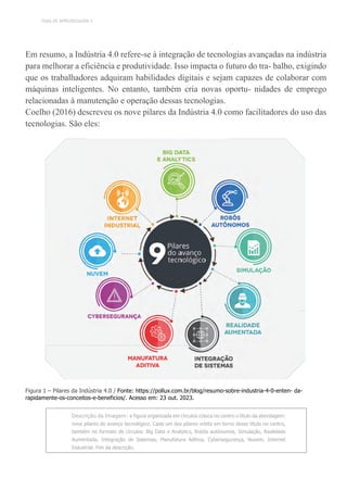 TEMA DE APRENDIZAGEM 4
Em resumo, a Indústria 4.0 refere-se à integração de tecnologias avançadas na indústria
para melhorar a eficiência e produtividade. Isso impacta o futuro do tra- balho, exigindo
que os trabalhadores adquiram habilidades digitais e sejam capazes de colaborar com
máquinas inteligentes. No entanto, também cria novas oportu- nidades de emprego
relacionadas à manutenção e operação dessas tecnologias.
Coelho (2016) descreveu os nove pilares da Indústria 4.0 como facilitadores do uso das
tecnologias. São eles:
Figura 1 – Pilares da Indústria 4.0 / Fonte: https://pollux.com.br/blog/resumo-sobre-industria-4-0-enten- da-
rapidamente-os-conceitos-e-beneficios/. Acesso em: 23 out. 2023.
Descrição da Imagem: a figura organizada em círculos coloca no centro o título da abordagem:
nove pilares do avanço tecnológico. Cada um dos pilares orbita em torno desse título no centro,
também no formato de círculos: Big Data e Analytics, Robôs autônomos, Simulação, Realidade
Aumentada, Integração de Sistemas, Manufatura Aditiva, Cybersegurança, Nuvem, Internet
Industrial. Fim da descrição.
 