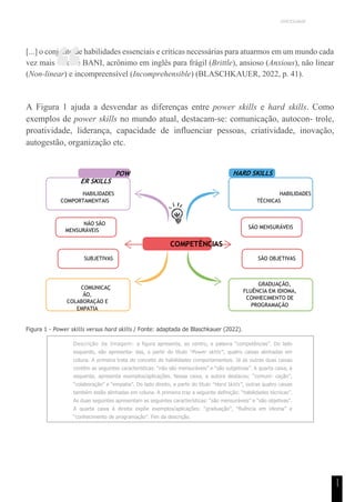 UNICESUMAR
1
1
[...] o conjunto de habilidades essenciais e críticas necessárias para atuarmos em um mundo cada
vez mais veloz é BANI, acrônimo em inglês para frágil (Brittle), ansioso (Anxious), não linear
(Non-linear) e incompreensível (Incomprehensible) (BLASCHKAUER, 2022, p. 41).
A Figura 1 ajuda a desvendar as diferenças entre power skills e hard skills. Como
exemplos de power skills no mundo atual, destacam-se: comunicação, autocon- trole,
proatividade, liderança, capacidade de influenciar pessoas, criatividade, inovação,
autogestão, organização etc.
Figura 1 - Power skills versus hard skills / Fonte: adaptada de Blaschkauer (2022).
Descrição da Imagem: a figura apresenta, ao centro, a palavra “competências”. Do lado
esquerdo, são apresenta- das, a partir do título “Power skills”, quatro caixas alinhadas em
coluna. A primeira trata do conceito de habilidades comportamentais. Já as outras duas caixas
contêm as seguintes características: “não são mensuráveis” e “são subjetivas”. A quarta caixa, à
esquerda, apresenta exemplos/aplicações. Nessa caixa, a autora destacou: “comuni- cação”,
“colaboração” e “empatia”. Do lado direito, a partir do título “Hard Skills”, outras quatro caixas
também estão alinhadas em coluna. A primeira traz a seguinte definição: “habilidades técnicas”.
As duas seguintes apresentam as seguintes características: “são mensuráveis” e “são objetivas”.
A quarta caixa à direita expõe exemplos/aplicações: “graduação”, “fluência em idioma” e
“conhecimento de programação”. Fim da descrição.
COMPETÊNCIAS
“
NÃO SÃO
MENSURÁVEIS
SÃO MENSURÁVEIS
POW
ER SKILLS
HABILIDADES
COMPORTAMENTAIS
HARD SKILLS
HABILIDADES
TÉCNICAS
SUBJETIVAS
COMUNICAÇ
ÃO,
COLABORAÇÃO E
EMPATIA
SÃO OBJETIVAS
GRADUAÇÃO,
FLUÊNCIA EM IDIOMA,
CONHECIMENTO DE
PROGRAMAÇÃO
 