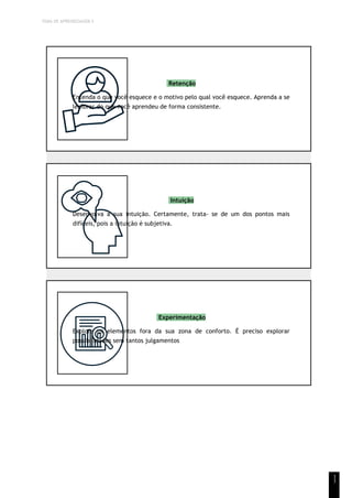 TEMA DE APRENDIZAGEM 5
1
1
Retenção
Entenda o que você esquece e o motivo pelo qual você esquece. Aprenda a se
lembrar do que você aprendeu de forma consistente.
Intuição
Desenvolva a sua intuição. Certamente, trata- se de um dos pontos mais
difíceis, pois a intuição é subjetiva.
Experimentação
Explore os elementos fora da sua zona de conforto. É preciso explorar
possibilidades sem tantos julgamentos
 