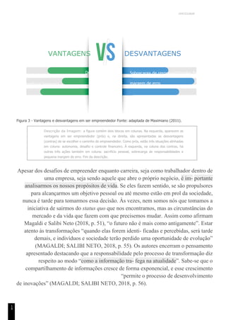 UNICESUMAR
utonomia
1
4
VANTAGENS DESVANTAGENS
Desafio
Independência financeira
Sacrifício pessoal
Sobrecarga de responsabilidades Pequena
margem de erro
Figura 3 - Vantagens e desvantagens em ser empreendedor Fonte: adaptada de Maximiano (2011).
Descrição da Imagem: a figura contém dois blocos em colunas. Na esquerda, aparecem as
vantagens em ser empreendedor (prós) e, na direita, são apresentadas as desvantagens
(contras) de se escolher o caminho do empreendedor. Como prós, estão três situações alinhadas
em coluna: autonomia, desafio e controle financeiro. À esquerda, na coluna dos contras, há
outras três ações também em coluna: sacrifício pessoal, sobrecarga de responsabilidades e
pequena margem de erro. Fim da descrição.
Apesar dos desafios de empreender enquanto carreira, seja como trabalhador dentro de
uma empresa, seja sendo aquele que abre o próprio negócio, é im- portante
analisarmos os nossos propósitos de vida. Se eles fazem sentido, se são propulsores
para alcançarmos um objetivo pessoal ou até mesmo estão em prol da sociedade,
nunca é tarde para tomarmos essa decisão. Às vezes, nem somos nós que tomamos a
iniciativa de sairmos do status quo que nos encontramos, mas as circunstâncias do
mercado e da vida que fazem com que precisemos mudar. Assim como afirmam
Magaldi e Salibi Neto (2018, p. 51), “o futuro não é mais como antigamente”. Estar
atento às transformações “quando elas forem identi- ficadas e percebidas, será tarde
demais, e indivíduos e sociedade terão perdido uma oportunidade de evolução”
(MAGALDI; SALIBI NETO, 2018, p. 55). Os autores encerram o pensamento
apresentado destacando que a responsabilidade pelo processo de transformação diz
respeito ao modo “como a informação tra- fega na atualidade”. Sabe-se que o
compartilhamento de informações cresce de forma exponencial, e esse crescimento
“permite o processo de desenvolvimento
de inovações” (MAGALDI; SALIBI NETO, 2018, p. 56).
 