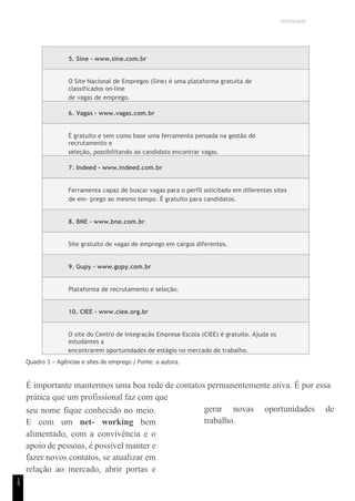 UNICESUMAR
1
9
5. Sine - www.sine.com.br
O Site Nacional de Empregos (Sine) é uma plataforma gratuita de
classificados on-line
de vagas de emprego.
6. Vagas - www.vagas.com.br
É gratuito e tem como base uma ferramenta pensada na gestão de
recrutamento e
seleção, possibilitando ao candidato encontrar vagas.
7. Indeed - www.indeed.com.br
Ferramenta capaz de buscar vagas para o perfil solicitado em diferentes sites
de em- prego ao mesmo tempo. É gratuito para candidatos.
8. BNE - www.bne.com.br
Site gratuito de vagas de emprego em cargos diferentes.
9. Gupy - www.gupy.com.br
Plataforma de recrutamento e seleção.
10. CIEE - www.ciee.org.br
O site do Centro de Integração Empresa-Escola (CIEE) é gratuito. Ajuda os
estudantes a
encontrarem oportunidades de estágio no mercado de trabalho.
Quadro 3 – Agências e sites de emprego / Fonte: a autora.
É importante mantermos uma boa rede de contatos permanentemente ativa. É por essa
prática que um profissional faz com que
seu nome fique conhecido no meio.
E com um net- working bem
alimentado, com a convivência e o
apoio de pessoas, é possível manter e
fazer novos contatos, se atualizar em
relação ao mercado, abrir portas e
gerar novas oportunidades de
trabalho.
 