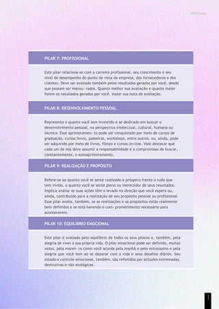 UNICESUMAR
PILAR 7: PROFISSIONAL
Este pilar relaciona-se com a carreira profissional, seu crescimento e seu
nível de desempenho do ponto de vista da empresa, dos fornecedores e dos
clientes. Deve ser avaliado também pelos resultados gerados por você, desde
que possam ser mensu- rados. Quanto melhor sua avaliação e quanto maior
forem os resultados gerados por você, maior sua nota de avaliação.
PILAR 8: DESENVOLVIMENTO PESSOAL
Representa o quanto você tem investido e se dedicado em buscar o
desenvolvimento pessoal, na perspectiva intelectual, cultural, humana ou
técnica. Esse aprimoramen- to pode ser conquistado por meio de cursos de
graduação, cursos livres, palestras, workshops, entre outros, ou, ainda, pode
ser adquirido por meio de livros, filmes e cursos on-line. Vale destacar que
cada um de nós deve assumir a responsabilidade e o compromisso de buscar,
constantemente, o autoaprimoramento.
PILAR 9: REALIZAÇÃO E PROPÓSITO
Refere-se ao quanto você se sente realizado e próspero frente a tudo que
tem vivido, o quanto você se sente pleno ou merecedor de seus resultados.
Implica avaliar se suas ações têm o levado na direção que você espera ou,
ainda, contribuído para a realização de seu propósito pessoal ou profissional.
Esse pilar avalia, também, se as realizações e os propósitos estão realmente
bem definidos e se está havendo o com- prometimento necessário para
acontecerem.
PILAR 10: EQUILÍBRIO EMOCIONAL
Este pilar é avaliado pelo equilíbrio de todos os seus pilares e, também, pela
alegria de viver a sua própria vida. O pilar emocional pode ser definido, muitas
vezes, pela manei- ra como você acorda pela manhã e pelo entusiasmo e pela
alegria que você tem ao se deparar com a vida e seus desafios diários. Seu
estado e controle emocional, também, são refletidos por atitudes extremadas,
destrutivas e não ecológicas.
1
1
 