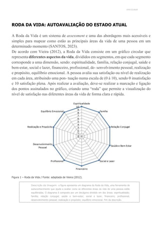 UNICESUMAR
RODA DA VIDA: AUTOAVALIAÇÃO DO ESTADO ATUAL
A Roda da Vida é um sistema de assessment e uma das abordagens mais acessíveis e
simples para mapear como estão as principais áreas da vida de uma pessoa em um
determinado momento (SANTOS, 2023).
De acordo com Vieira (2012), a Roda da Vida consiste em um gráfico circular que
representa diferentes aspectos da vida, divididos em segmentos, em que cada segmento
corresponde a uma dimensão, sendo: espiritualidade, família, relação conjugal, saúde e
bem-estar, social e lazer, financeiro, profissional, de- senvolvimento pessoal, realização
e propósito, equilíbrio emocional. A pessoa avalia sua satisfação ou nível de realização
em cada área, atribuindo uma pon- tuação numa escala de (0 à 10), sendo 0 insatisfação
e 10 satisfação plena. Após realizar a avaliação, deve-se realizar a marcação e ligação
dos pontos assinalados no gráfico, criando uma “roda” que permite a visualização do
nível de satisfação nas diferentes áreas da vida de forma clara e rápida.
Figura 1 – Roda da Vida / Fonte: adaptada de Vieira (2012).
Descrição da Imagem: a figura apresenta um diagrama da Roda da Vida, uma ferramenta de
autoconhecimento que ajuda a avaliar como as diferentes áreas da vida de uma pessoa estão
equilibradas. O diagrama é composto por um decágono dividido em dez áreas: espiritualidade;
família; relação conjugal; saúde e bem-estar; social e lazer; financeiro; profissional;
desenvolvimento pessoal; realização e propósito; equilíbrio emocional. Fim da descrição.
 