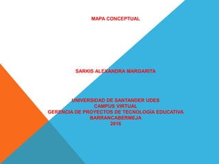 MAPA CONCEPTUAL
SARKIS ALEXANDRA MARGARITA
UNIVERSIDAD DE SANTANDER UDES
CAMPUS VIRTUAL
GERENCIA DE PROYECTOS DE TECNOLOGÍA EDUCATIVA
BARRANCABERMEJA
2016
 