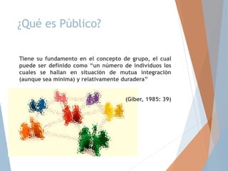 ¿Qué es Público?
Tiene su fundamento en el concepto de grupo, el cual
puede ser definido como “un número de individuos los
cuales se hallan en situación de mutua integración
(aunque sea mínima) y relativamente duradera”
(Giber, 1985: 39)
 