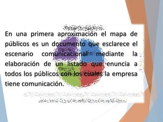 En una primera aproximación el mapa de
públicos es un documento que esclarece el
escenario comunicacional mediante la
elaboración de un listado que enuncia a
todos los públicos con los cuales la empresa
tiene comunicación.
 