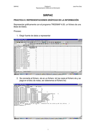 SIRPAC                                  Práctica 9                       José Pino Díaz
                           Representación Gráfica de la Información




                                      SIRPAC
PRACTICA 9: REPRESENTACIONES GRÁFICAS DE LA INFORMACIÓN

Representar gráficamente con el programa TREEMAP 4.05. un fichero de una
Base de Datos.

Proceso:

   1. Elegir fuente de datos a representar




   2. Se convierte el fichero .xls en un fichero .txt (se copia el fichero xls y se
      pega en el bloc de notas; así obtenemos el fichero txt)




                                              1